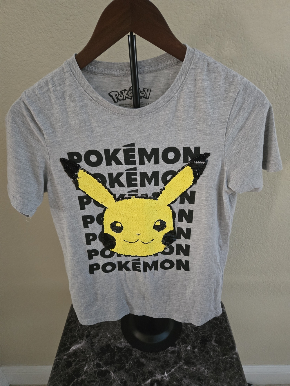 Nintendo Flip Sequin Pikachu Short Sleeve Tee - Gray & Yellow